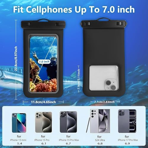 Floatable Waterproof Phone Pouch/Case with Crossbody Lanyard for iPhone 17 series 16 Pro Max/15 Pro/14/13/12, IP68 Cellphone Dry Bag Beach Cruise Ship Essentials, 1 Pack-Black-7″ - color: B4-Black
