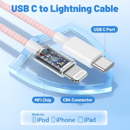 20W Lightning Cable to USB C, [Apple MFi Certified] Braided Fast Cable - color: Red, size: 20W-6FT+10FT