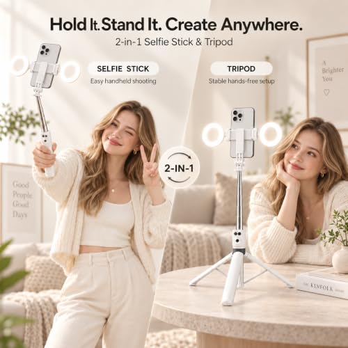 White Phone Tripod with Light, 67 in Selfie Stick for iPhone with Remote - color: White