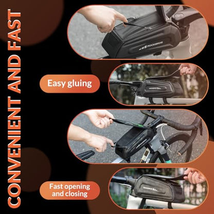ROCKBROS Bike Phone Bag Top Tube Frame Bag Waterproof Flip-top Design | 3D EVA Hard Shell Mount Holder Bag 1.7L Cycling Pouch Compatible Phones Under 7'' for E-Bike Accessories - color: Black - Hook and Loop