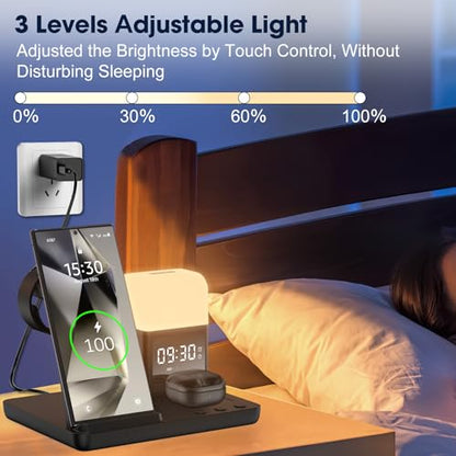 Wireless Charger for Samsung/Android, 6 in 1 Phone Nightstand Charging Station Charger with Alarm Clock/Night Light for Samsung S26/S25/S24 Ultra/Buds4,Watch Charger for Galaxy Watch 8/7/6/5 - color: Ink Black