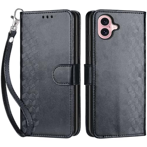 Wallet Case for iPhone 16, Black Cube | Women Flip Folio Cover, Embossed PU Leather, Stand, Credit Card Holders Slots, Wrist Strap - color: 1
