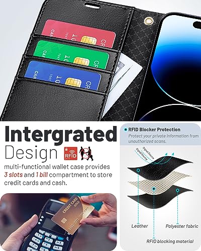 OCASE Compatible with iPhone 15 Wallet Case, PU Leather Flip Folio Case with Card Holders RFID Blocking Kickstand [Shockproof TPU Inner Shell] Phone Cover 6.1 Inch 2023, Black - color: Black