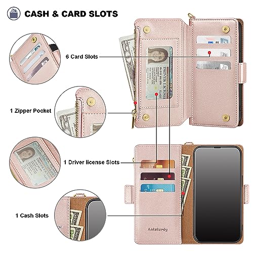 Antsturdy for iPhone 13 Pro Phone Wallet Case Women,Rose Gold | RFID Blocking,with Credit Card Holder Slots,PU Leather Purse,Zipper Pocket,Wrist Strap Kickstand,Flip Folio Cover for Men - color: Rose Gold