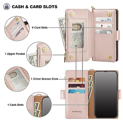 Antsturdy for iPhone 13 Pro Phone Wallet Case Women,Rose Gold | RFID Blocking,with Credit Card Holder Slots,PU Leather Purse,Zipper Pocket,Wrist Strap Kickstand,Flip Folio Cover for Men - color: Rose Gold