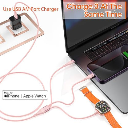 Apple Watch Charger 6FT Multi Charging Cable Travel Essential Nylon Braided - color: Rose/Pink