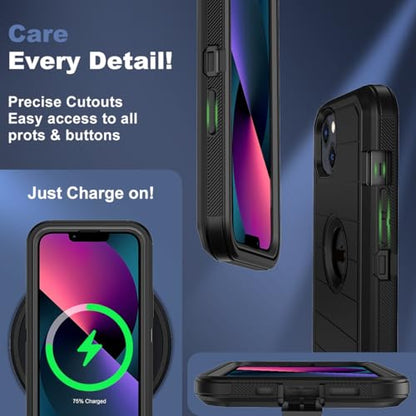 for iPhone 14 Case & iPhone 13 Case, Military-Grade Drop Protection 3-Layer Rugged Shell with Screen Protector, Full-Body Non-Slip Shockproof Heavy Duty Protective Bumper Phone Cover (Black) - color: Black