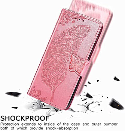 for iPhone 12 Pro/iPhone 12 Wallet Case,Women Flip Folio Cover with Butterfly Embossed PU Leather Kickstand Credit Card Holder Slots Wrist Strap for iPhone 12/12 Pro 6.1 inch (Pink) - color: Pink