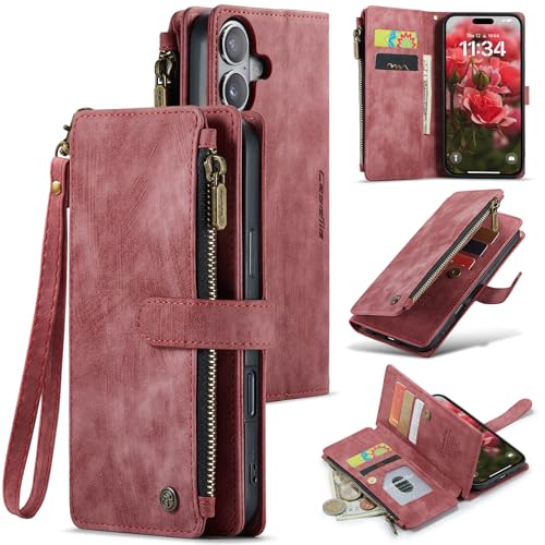 Compatible with iPhone 17 Wallet Case with Card Holder Kickstand Magnetic Zipper Pocket Lanyard Strap Wristlet,Leather Flip Case Wallet for iPhone 17 6.3 Inch (Red) - color: Red, size: iPhone 17 6.3 Inch
