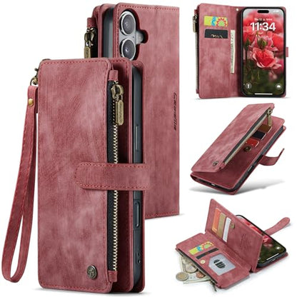 Compatible with iPhone 17 Wallet Case with Card Holder Kickstand Magnetic Zipper Pocket Lanyard Strap Wristlet,Leather Flip Case Wallet for iPhone 17 6.3 Inch (Red) - color: Red, size: iPhone 17 6.3 Inch