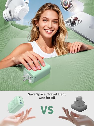 65W GaN Fast Charger Block,3-Port USB C Wall Charger,Compact Foldable Design, Compatible with iPhone 16/15 Series,Galaxy S25/S24 Ultra(Green) - color: 7Green Orca