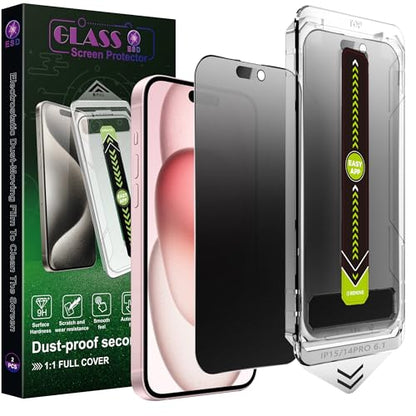 2-Pack Matte Privacy Anti-Spy Screen Protector for iPhone 14 Pro/15/16 (6.1"),Anti-Glare,9H Tempered Glass,Full Coverage,Anti-Fingerprint,Auto Dust Removal,Bubble-Free