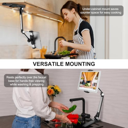AboveTEK iPad Wall Mount, 3 in 1 Highflex 360° Under Cabinet iPads Mount for Kitchen, Tablet Celling Under Counter Holder, Kitchen Tablet Mount Fits 4.7" to 13.5" iPad, mini, Air, Surface Pro - Black - color: black