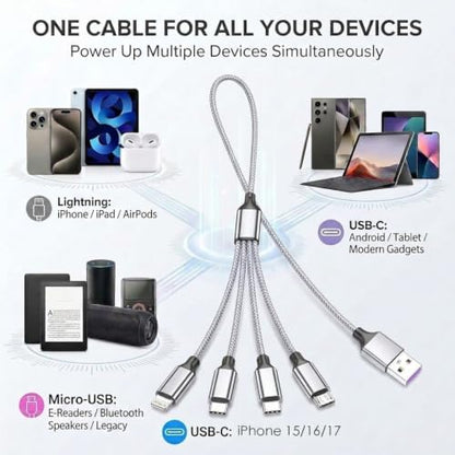 4 in 1 Multi Charging Cable 4ft 2 Pack,Braided MFi Certified Charger Cable - color: Silver White-4ft-2Pack