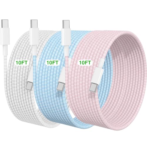 10FT USB C to C Fast Charger Cord for iPhone 18 17 16 15,60W Long Heavy Duty Braided Apple C to C Cable Fast Charging for iPhone 18 Pro Max/iPhone Duo/17 16 15 Pro,15 Plus/iPad Pro 10 inch-Colorful - color: White+Blue+Pink, size: 10FT+10FT+10FT