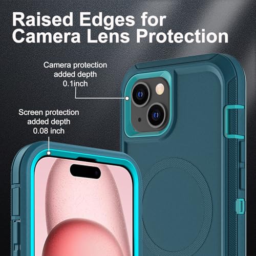 YKHJKLEC for iPhone 15 Case, Compatible with Magsafe, Military Grade 3 in 1 Heavy Duty Shockproof/Drop Proof/Dust Proof Case with 2Pcs Tempered Glass Screen Protector (New-Blue/Turquoise) - color: New-Blue/Turquoise