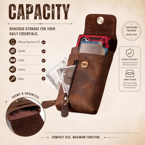 Top Grain Leather Cell Phone Holster Belt Pouch Case with Belt Clip - color: Coffee