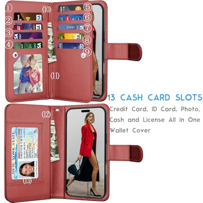 Tekcoo Wallet Case Compatible with iPhone 16 Plus (6.7 inch) 2024 Luxury ID Cash Credit Card Slots Holder Carrying Pouch Folio Flip PU Leather Cover [Detachable Magnetic Hard Case] with Strap [Red] - color: Wine Red, size: 16 Plus