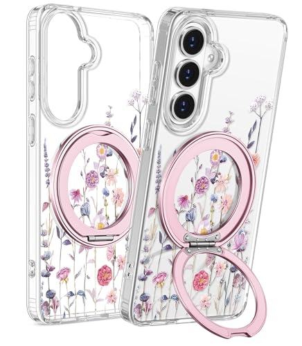 for Samsung Galaxy S26 Case with Stand - Cute Soft TPU Clear Phone Cover for Women Girls Compatible with Magsafe Girly Unique Design with Magnetic Ring for S26, Purple Flower - color: Purple Flower, size: for Samsung Galaxy S26