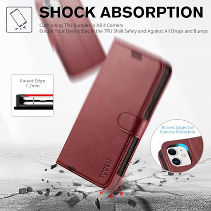 TUCCH Case Wallet for iPhone 11 (6.1") 2019, RFID Blocking Folio, Dark Red | 3 Card Holders, Kickstand, PU Leather, Magnetic Closure, Shockproof TPU Shell, Protective Flip Cover - color: Dark Red