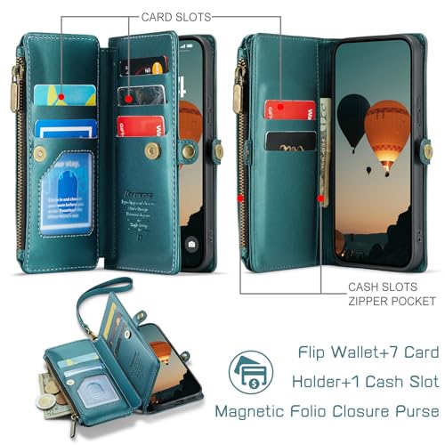 Defencase for Samsung Galaxy S25 Wallet Case with RFID Card Holder, Green | Durable Soft PU Leather, with Zipper Pocket, Wrist Strap, Fashion Snap Flip S25 Phone Cases Cover with Stand for Women Men - color: Blue Green