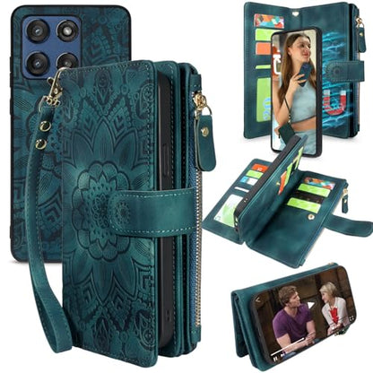 Harryshell Detachable Wallet Leather Case Compatible with Motorola Moto G Stylus 5G 2025/2026 Magnetic Phone Case Zipper with Cash Coin Pocket Multi Card Slots Holder Wrist Strap (Flower Teal) - color: Flower Teal, size: Moto G Stylus 5G 2025