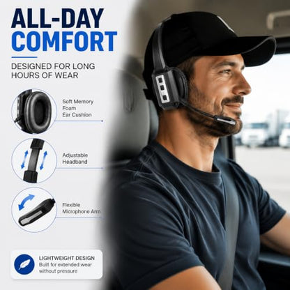 Bytewaveshop Trucker Bluetooth Headset with Mic, 55H Talk Time Wireless Headset, 99% Noise Cancelling Headphones with 270° Adjustable Mic, Bluetooth 6.0, Dual Device for Truck Drivers, Calls, Driving - color: Silver