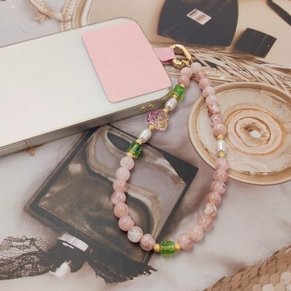 Cute Phone Wrist Strap Chic Beaded Cellphone Lanyard Phone Charm Grip Strap - color: Pink Flower