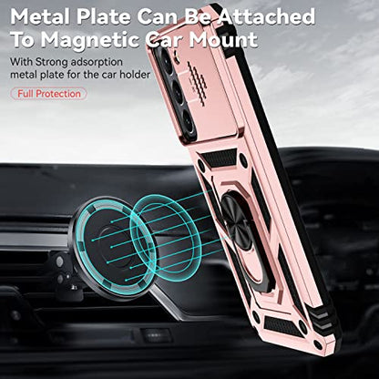 for Samsung Galaxy S22 Case with Camera Lens Cover HD Screen Protector, Dual Layer Military-Grade Drop Tested Magnetic Ring Holder Kickstand Protective Phone Case for Samsung Galaxy S22 5G (Rose Gold) - color: Rose Gold with camera cover Military-Grade 2n