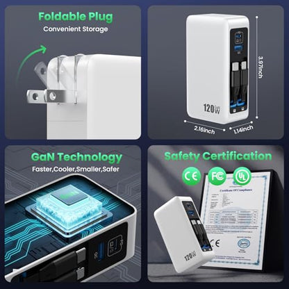 120W USB C Charger Block with 2 Built-in Retractable Cables,4-in-1 GaN IV Foldable Plug Wall Charger Fast Charging Station,PD 65W Laptop Adapter for MacBook/iPad,iPhone 17/16/15/14,Galaxy,Android etc - color: A-White, size: 120W