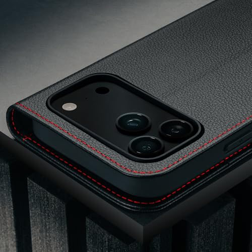 TORRO Leather Case Compatible with iPhone 17 Pro Max 6.9" 2025 - Premium Leather Wallet Flip Case with Kickstand and Card Slots (Compatible with Official MagSafe Chargers) - Black - color: Black with Red Detail, size: iPhone 17 Pro Max