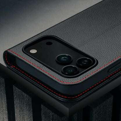TORRO Leather Case Compatible with iPhone 17 Pro 6.3" 2025 - Premium Leather Wallet Flip Case with Kickstand and Card Slots (Compatible with Official MagSafe Chargers) - Black - color: Black with Red Detail, size: iPhone 17 Pro