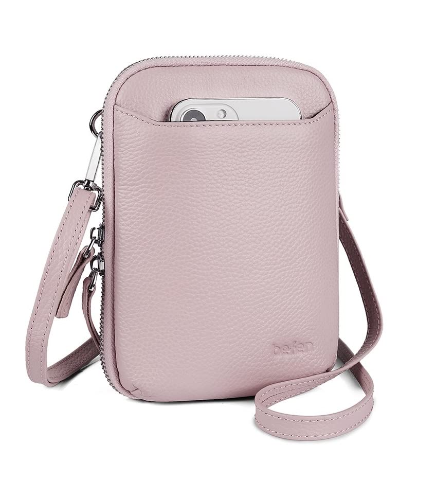 befen Genuine Leather Crossbody Cell Phone Purse for Women, Small Zip Around RFID Blocking Crossbody Wallet Bags - color: Blush Pink