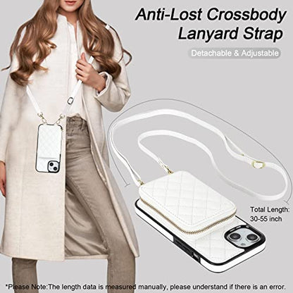 Bocasal Crossbody Wallet Case Card Holder for iPhone 13, White | RFID Blocking PU Leather Zipper Handbag Purse, Kickstand Flip Folio Case with Card Slots Holder Wrist Strap Lanyard 6.1 Inch - color: White