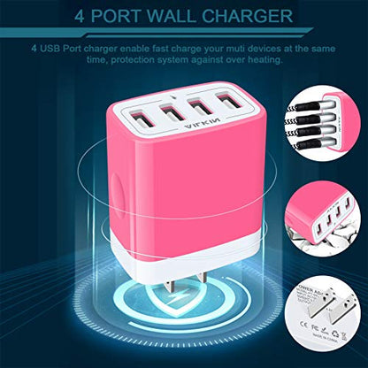 USB Charger Cube, Wall Charger Plug, AILKIN 4.8A 4-Muti Port USB Adapter - color: Pink