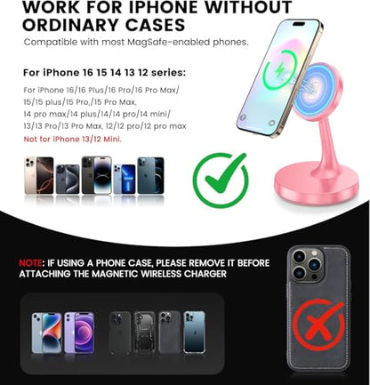 TXXTOL Magnetic Wireless Charger iPhone Stand, 15W Fast Mag-Safe Charger iPhone 17/17 Air/17 Pro/17 Pro Max 16/15/14/13/12 Series Magnet Wireless Charging Station/Pad/AirPods for Home, Office, Travel - color: 1Pack Pink