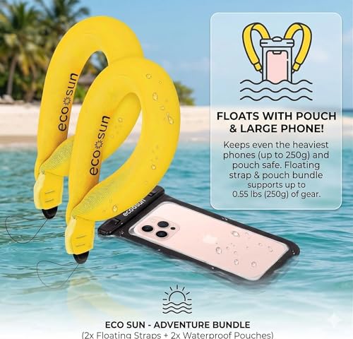 Eco Sun Waterproof Phone Pouch & Floating Wrist Strap Bundle (2-Pack Each) – Waterproof Phone Case + Float Strap – Travel & Beach Essentials Designed in Hawaii – Fits iPhone 17 Pro Max, GoPro, Cameras