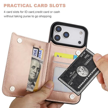 ONETOP for iPhone 17 Pro Max Wallet Case with Credit Card Holder,Rosegold | Kickstand,ID/Cash Holder,Case Wallet with Card Slots,Double Magnetic Clasp,Durable PU Leather Shockproof Cover for Women Men - color: Rose Gold