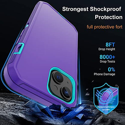 for iPhone 14 Case with 2 Screen Protector,Heavy Duty Shockproof Dropproof Dust Proof Full Body Rugged 3 Layer Military Tough Durable Protective Cover for Apple iPhone 14 6.1" (Purple/Blue) - color: Purple/Blue
