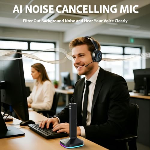 Bluetooth Headset with Microphone, Wireless Headset AI Noise Cancelling, Dual-Mode Bluetooth 6.0 & 2.4G Dongle, Wireless Headphones for 45H Work RGB/HUB Base, Meeting/Office/PC/Phone/Teams/Zoom