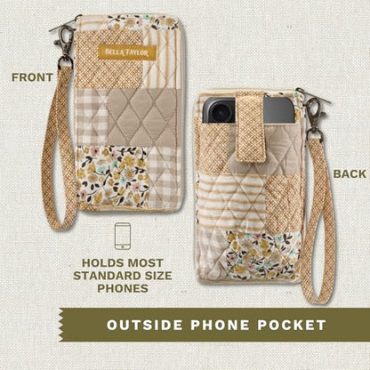 Bella Taylor Cell Phone Wristlet, Quilted Phone Wallet for Women | Lightweight, RFID blocking, phone pocket, built-in wallet, card organizer, coin pocket, secure zipper, quality construction - color: Prairie Meadow Patch