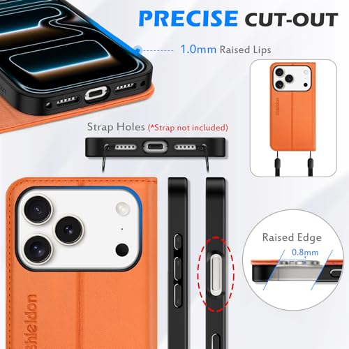 SHIELDON Genuine Leather Case Wallet for iPhone 17 Pro 6.3" 2025, Orange | Magnetic Closure, RFID Blocking, Credit Card Slot, Kickstand, Flip Book Design, Soft Shockproof Phone Cover - color: Orange