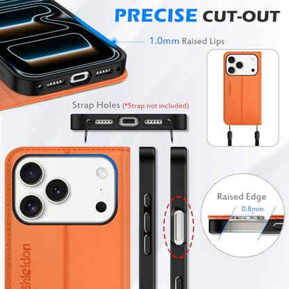 SHIELDON Genuine Leather Case Wallet for iPhone 17 Pro 6.3" 2025, Orange | Magnetic Closure, RFID Blocking, Credit Card Slot, Kickstand, Flip Book Design, Soft Shockproof Phone Cover - color: Orange