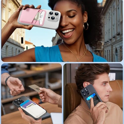 SHANSHUI 2 Pack Phone Wallets, Cell Phone Card Holder Premium Leather Credit Card Holder Stick on Compatible with iPhone, Most Smartphones - color: White+Pink