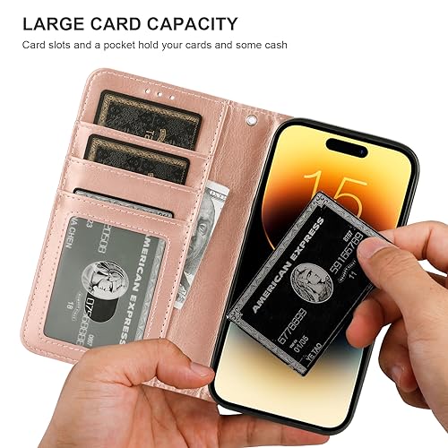 Bocasal Detachable Wallet Case Card Holder for iPhone 15, Rose Gold | RFID Blocking Kickstand Card Slots Holder PU Leather Magnetic Shockproof Wrist Strap Removable Flip Protective Cover 6.1 inch - color: Rose Gold