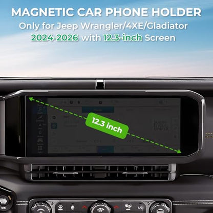 Car Phone Holder for Jeep Wrangler/Gladiator 2026 2025 2024 (Only for 12.3-Inch Screen) 360° Rotation Magnetic Cell Phone Mount, Compatible with Magsafe, Does Not Affect Air Vent - size: Fit for 2024-2026 Wrangler/Gladiator JT, 12.3-Inch
