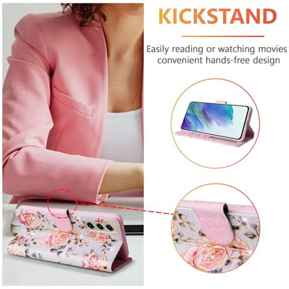 UEEBAI Wallet Case for Samsung Galaxy S22 5G, PU Leather Phone Case Kickstand RFID Blocking Flip Case Card Slots Wrist Strap Relief Engraved Pattern Magnetic Closure Flower Folio Case, Purple Rose - color: Purple Rose, size: Samsung Galaxy S22 5G