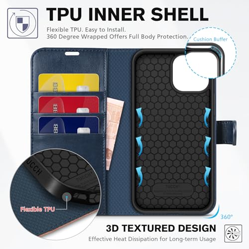 TUCCH Case Wallet for iPhone 13 Pro 6.1", RFID Blocking Folio, Blue & Brown | 3 Card Holders, Kickstand, PU Leather, Magnetic Closure, Shockproof TPU Shell, Protective Flip Cover - color: Dark Blue & Brown