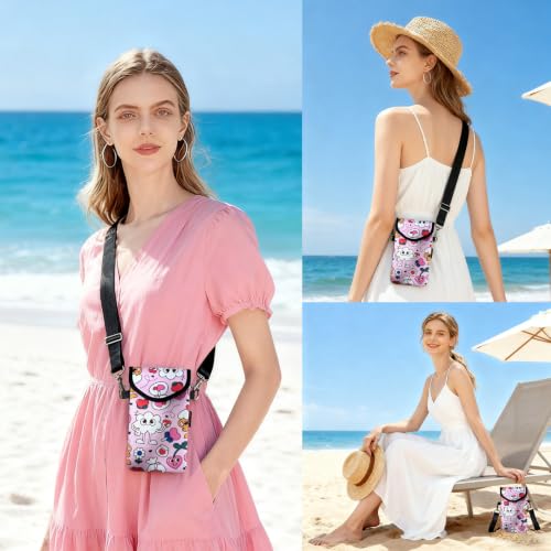 Neoprene Phone Sleeve Pouch Case Bag for Men Women w/Crossbody Strap/Neck Lanyard for iPhone 17/16/15/14 Pro Max, Samsung S25，Pixel 10 - color: Pink Cute Cartoon Hearts
