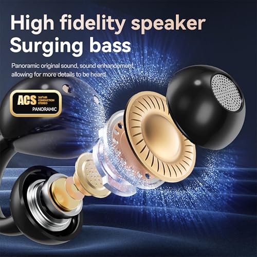 Open Ear Clip Headphones Wireless Earbuds Bluetooth 5.4 Sports Earphones with Wireless LED Touch Screen Waterproof in Ear Earphones for Pad Tablet Laptop Android/iOS Phones (Black) - color: Black